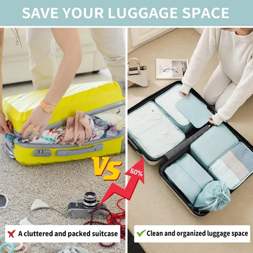 Vista 5 de Juego de 7 cubos de embalaje, esenciales de viaje para llevar de mano, organizadores de equipaje de viaje ligeros esenciales, ropa y zapatos, cubo