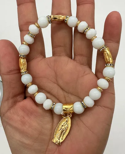 Vista 4 de Pulsera Rosario Lady Guadalupe Blanca – Bautizo Favor/Virgen De Guadalupe/Bautizo Recuerdos de Bautizo/Quinceañera/Baby Shower – 12 PCS