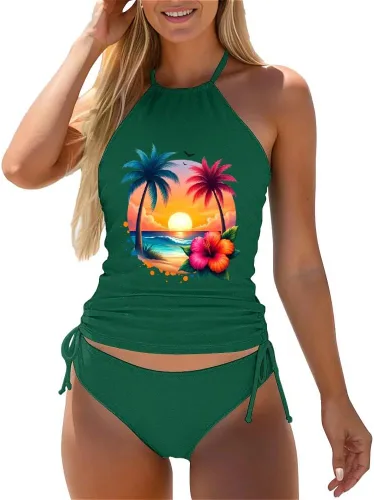 Vista 40 de Omichic Trajes de baño tankini para mujer, de dos piezas, blusa tipo tankini modesta con parte inferior de bikini Negro