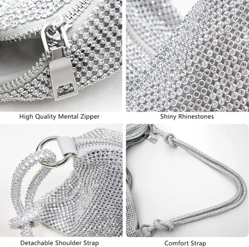 Vista 5 de Bolso Hobo con diamantes de imitación para mujer elegante bolso de noche brillante plateado con diamantes de imitación bolso dorado para graduación