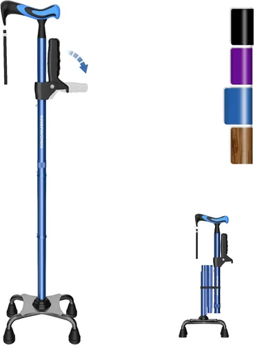 Vista 10 de [Usado] Bastón de caminar para mujeres/hombres con segundo mango, plegable y ajustable con base de 4 puntas para estar de pie, ayuda ligera