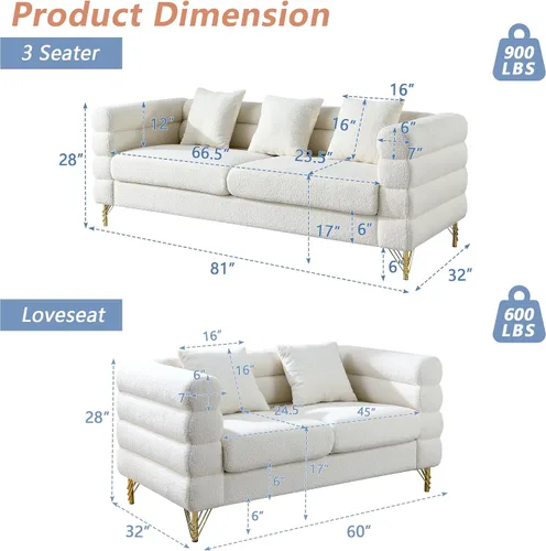 Vista 2 de mikibama Juego de sofá Teddy de lujo para sala de estar, muebles de decoración moderna, sofá seccional, sofá de 3 plazas y loveseat con 5 almohadas