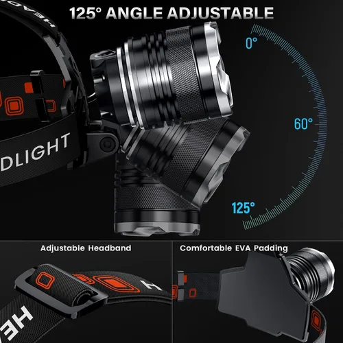 Vista 4 de AKNEAR Linterna frontal LED recargable con luz roja, lámpara de cabeza de resistencia de 95 horas con zoom y 12 modos e impermeable IPX7 y ajustable