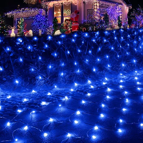Vista 6 de Pooqla Luces de red, 300 luces LED de malla de Navidad al aire libre, 14.8 x 4.9 pies, cadena de luces con 8 modos de cable verde, conectable