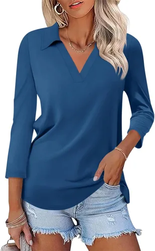 Vista 10 de TICTICMISS - Camisas polo de cuello en V para mujer, manga 3/4, con cuello, tops casuales de negocios, tops de verano a la moda, holgados