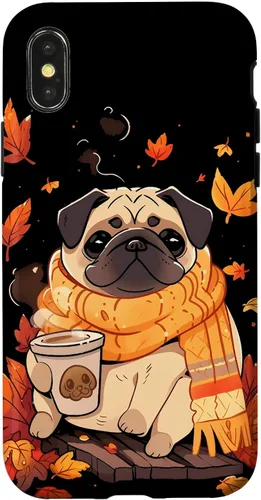 Vista 5 de Pug - Carcasa Kawaii para iPhone 17, diseño de hojas de otoño y calabaza