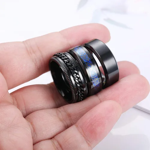 Vista 2 de Jstyle Juego de 3 anillos giratorios de acero inoxidable de titanio para hombres y mujeres, cadena griega, llavero griego, anillo para boda