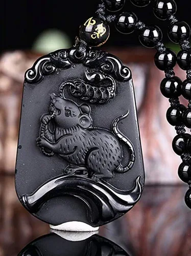 Vista 2 de Collar de animales de zodiaco chino con cuentas de obsidiana natural con cadena de cuentas ajustable, Obsidiana, Obsidiana