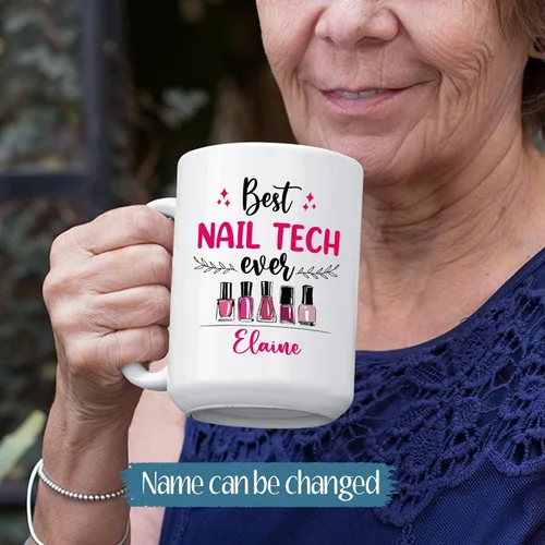 Vista 2 de Taza de cerámica Best Nail Tech Ever – Taza de cerámica personalizada con nombre de manicurista para compañero de trabajo – Nuevos regalos