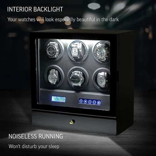 Vista 3 de Enrollador de reloj para relojes automáticos con cajón de almacenamiento, luz LED, pantalla LCD y control remoto (ébano + negro), Ébano + Negro