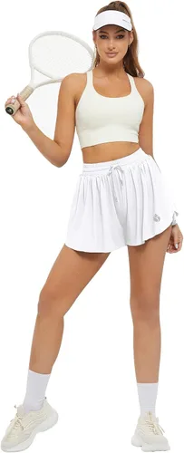 Vista 4 de FireSwan Pantalones cortos deportivos fluidos para mujer, 2 en 1, con bolsillos, para correr, gimnasio, entrenamiento, tenis, falda pantalón