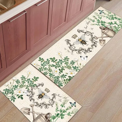 Vista 7 de T&H XHome Juego de 2 alfombras de cocina, diseño vintage de abejas de miel, girasol, antideslizantes, parte trasera de goma, tapetes acolchados