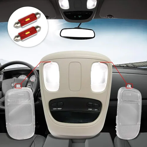 Vista 2 de Cubierta de luz de cúpula de mapa interior, consola superior con bombillas LED blancas compatible con Dodge Ram 1500 2500 3500 2002-2009