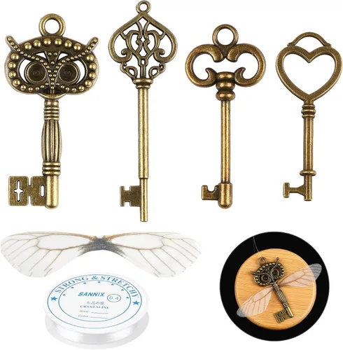 Vista 8 de SANNIX 30 piezas de llaves de esqueleto vintage con 30 pares de alas de libélula y cuerda elástica de cristal de 30 yardas para hacer joyas, bodas