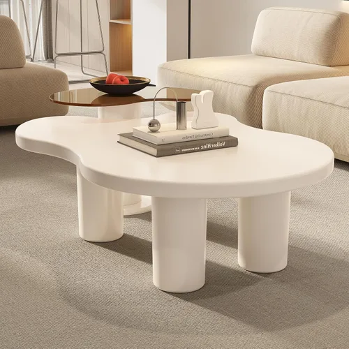 Vista 4 de Juego de 2 mesas de centro anidables modernas, con forma de nube irregular, color blanco crema, mesas centrales que ahorran espacio para sala