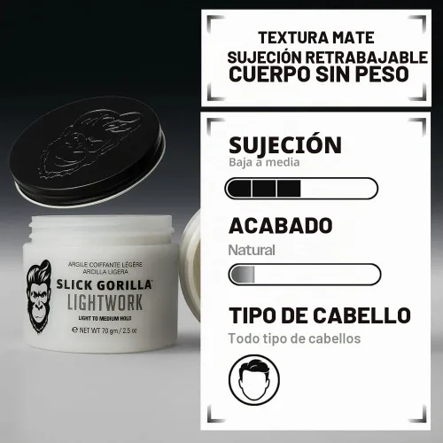 Vista 5 de Slick Gorilla Lighwork - Arcilla mate para el cabello para hombres de 2.5 onzas, acabado mate, sujeción flexible, arcilla ligera para peinar, a base