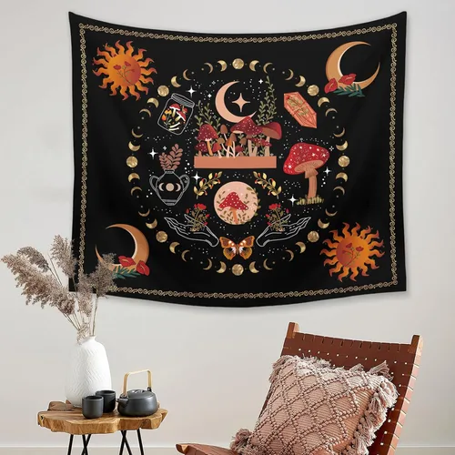 Vista 2 de Ftuency Tapiz de hongos y plantas naturales, tapices de fase lunar, decoración de flores estéticas para colgar en la pared para dormitorio, hogar