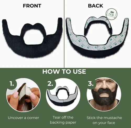 Vista 3 de Mustaches Autoadhesivo, novedoso, barba falsa de noble y bigote falso, pelo facial falso, accesorio de disfraz para adultos, color negro brillante