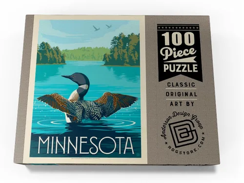 Vista 4 de MyPuzzle Minnesota: Loon, Póster vintage, rompecabezas prémium de 100 piezas para adultos