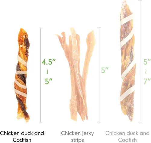 Vista 5 de MON2SUN Golosinas para perros, palitos de cecina de triple sabor, palitos de pollo de pato y bacalao de 4.5 a 5 pulgadas para perros pequeños