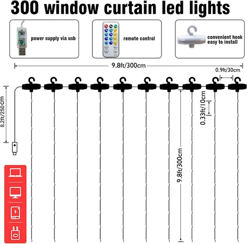 Vista 2 de Dazzle Bright - Cadena de luces para cortina, 300 LED, 3m x 3m, luces de hadas color blanco cálido con 8 modos de iluminación, luces impermeables