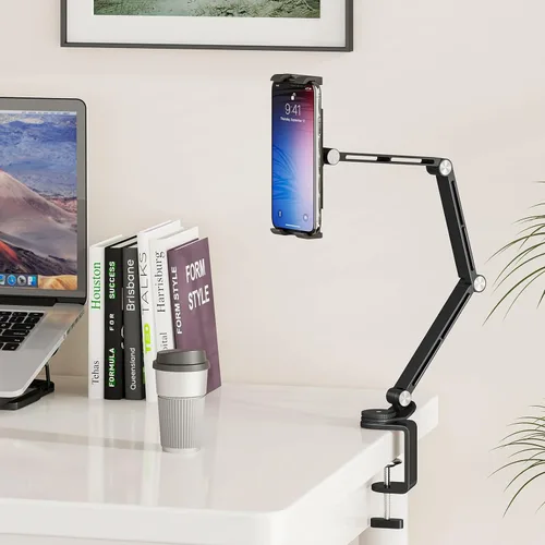 Vista 8 de Houele Soporte para Tableta, Brazo Plegable Ajustable para Tableta iPad Soporte de Escritorio con Base Giratoria de 360°, Soporte para Teléfono