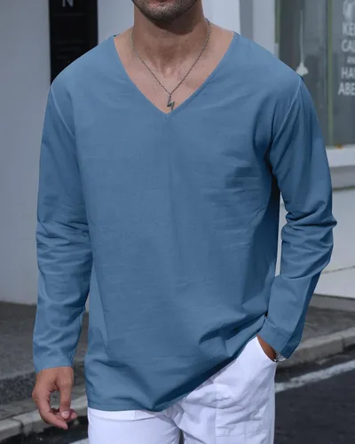 Vista 2 de MyDearie Camisa casual de lino con cuello en V para hombre, manga larga, hippie, playa, camiseta sólida ligera para yoga tropical