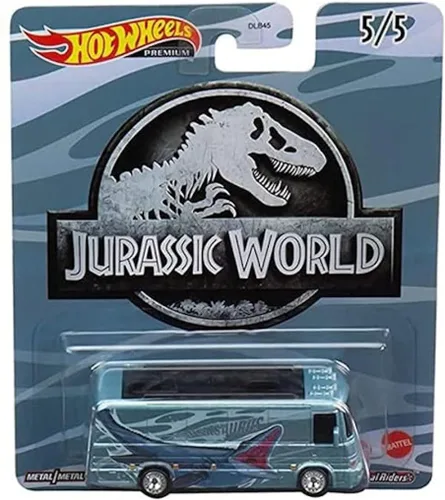 Vista 2 de Hot Wheels Jurassic World 2022 Premium Pop Culture Paquete completo de 5 unidades (DLB45‑946Q) Mosasaurus Bus, panera 'azul', T‑Rex Unimog, flujo
