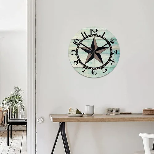 Vista 5 de Reloj de pared redondo de estilo rústico con estrellas del oeste de Texas, reloj de madera, silencioso, sin tictac, funciona con pilas, con números