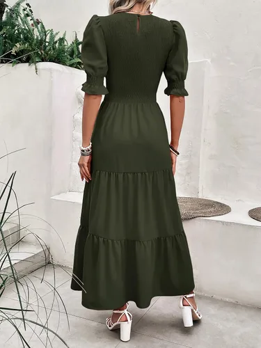 Vista 88 de BTFBM Vestidos para mujer, cuello redondo, casual, de verano, con volantes, manga corta, bohemio, con niveles, fruncido, largo, con estampado floral