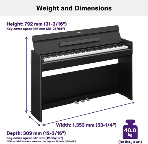Vista 2 de Yamaha Arius Series - Piano vertical digital delgado, gran sonido, teclado compacto con peso, negro (YDPS35B) Teclado compacto con peso, negro