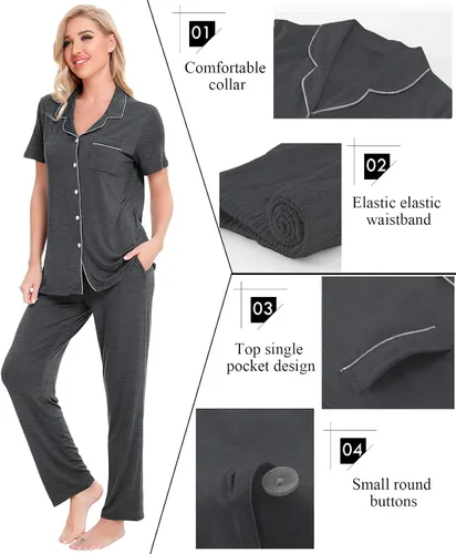 Vista 3 de SWOMOG conjunto de pijama de dos piezas para mujer, ropa de dormir de manga corta, con botones, pantalones largos