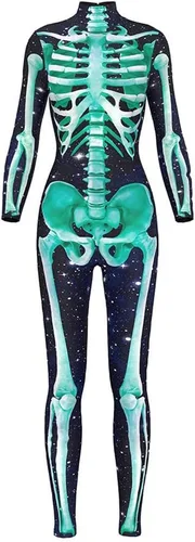 Vista 14 de Sister Amy Disfraz de esqueleto de calavera para mujer de Halloween, traje ajustado de una pieza J-colorido esqueleto