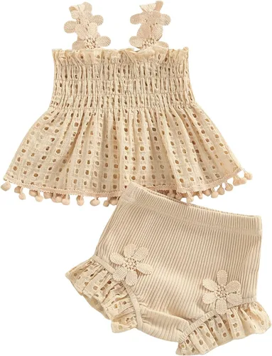 Vista 161 de TheFound Trajes de verano para niñas pequeñas, sin mangas, de punto acanalado, halter, pantalones cortos, ropa para recién nacidos, conjunto de 3