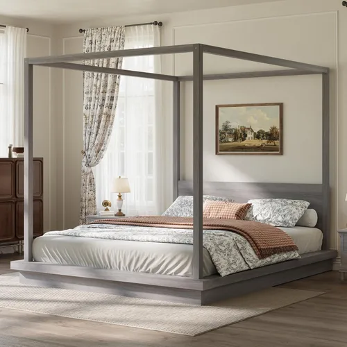 Vista 46 de Cama de plataforma con dosel de 4 pósteres de tamaño matrimonial con cabecero de listones verticales Negro-8.1