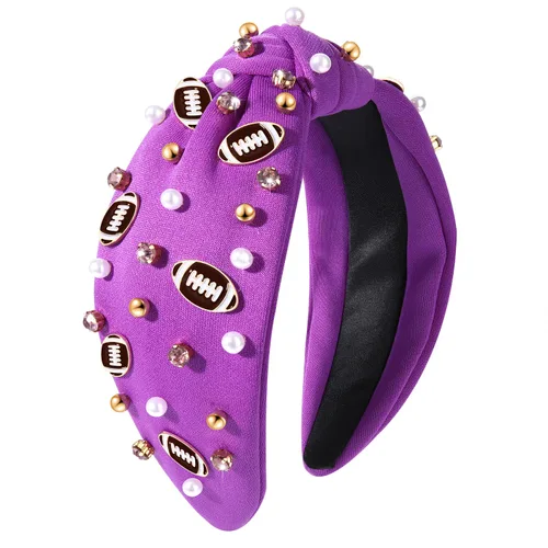 Vista 17 de Diadema de fútbol para mamá, accesorios de perlas con diamantes de imitación anudados, banda ancha para el pelo negra, diadema de nudo superior