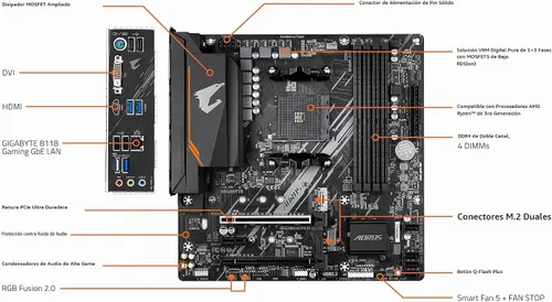 Vista 6 de GIGABYTE B550M AORUS Elite - Tarjeta madre para juegos compatible con AM4/ AMD/ B550/ Micro-ATX/ DDR4/ Dual M.2/ PCIe 4.0/ Realtek GbE LAN