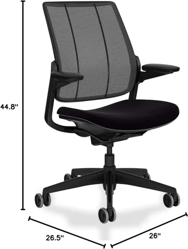 Vista 3 de Humanscale Diffrient Smart Chair Respaldo de malla negra monofilamento y asiento negro Corde 4 Marco negro con ribete negro Brazos Duron
