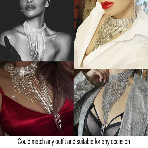 Vista 6 de Flyonce - Collar con diamantes de imitación para mujer, gargantilla con borla estilo pechera, joyería para fiesta formal