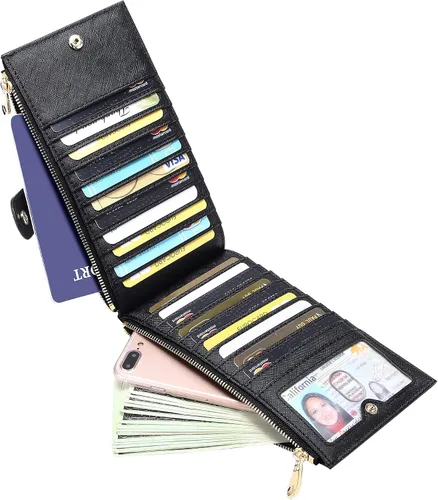 Vista 5 de Badiya Billetera para mujer con bloqueo RFID, con patrón de múltiples tarjeteros, A-Classical-Negro, Classic