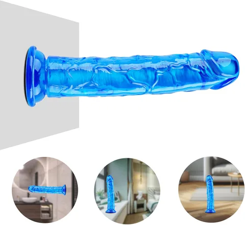 Vista 3 de Consolador pequeño realista de 7 pulgadas, juguete sexual realista de TPE azul, para principiantes, pene delgado sin bola con fuerte ventosa, bonito
