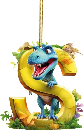 Vista 21 de Adorno de Navidad personalizado de dinosaurio de 26 letras, adornos colgantes 2023, monograma inicial de plástico, decoraciones de árbol de Navidad