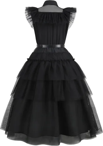 Vista 4 de LAUPHIE Disfraz de miércoles para niñas, vestido de miércoles, disfraz negro para niñas con collar, calcetines, cinturón.