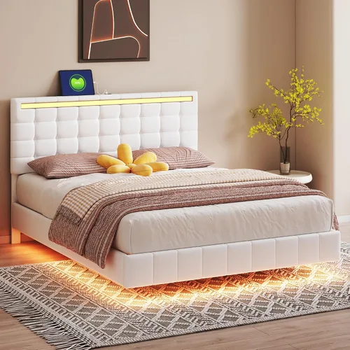 Vista 23 de Cama de plataforma flotante, marco de cama de madera tamaño individual con rayas claras, tela de lino suave y cabecera de diseño capitoné