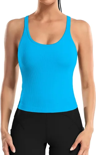 Vista 117 de ATTRACO Camiseta corta acanalada de entrenamiento para mujer con brasier integrado para yoga, espalda cruzada, ajuste ajustado