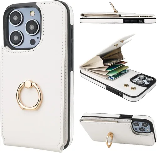Vista 32 de Folosu Funda tipo billetera compatible con iPhone 14 con soporte para tarjetas, soporte de anillo para dedo con rotación de 360° y función atril
