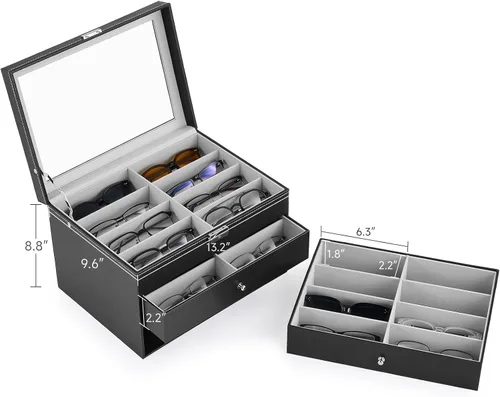 Vista 2 de CO-Z Sunglasses Organizer, Leather Eyeglasses Storage Box for Women Men, Lockable Sunglass Display Case Holder with Drawer