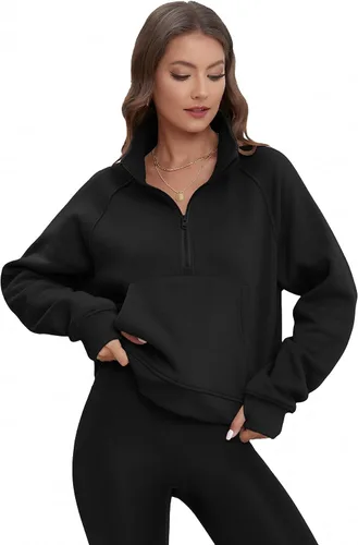Vista 4 de ATHMILE Sudaderas para mujer, sudaderas cortas con capucha y media cremallera, forro polar, suéter con cremallera de un cuarto, suéter de moda