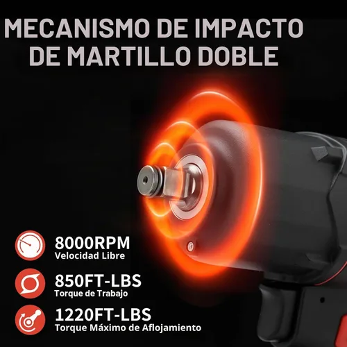 Vista 2 de AEROPRO TOOLS Llave de impacto neumática compuesta de 1/2 pulgada Twin Hammer,1220 FT-LBS Max Loosening Torque,8000RPM,for Auto Repair,Tire Shop