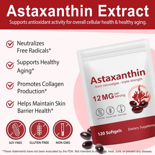 Vista 3 de Astaxantina 12 mg, Astaxantina 120 cápsulas blandas premium, extraídas naturalmente de Haematococcus pluvialis Suministro de 4 meses